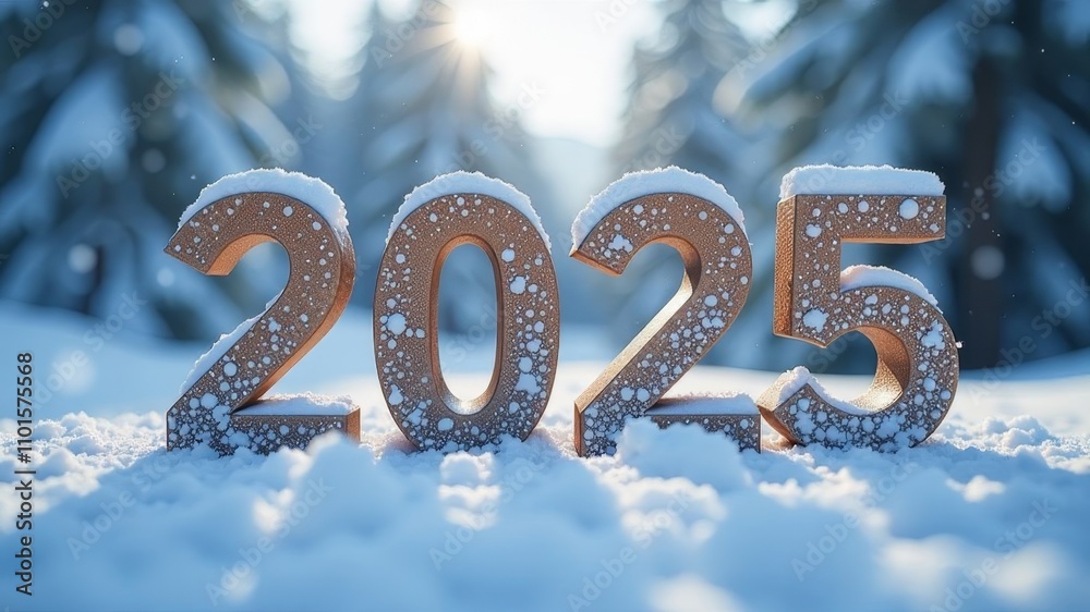 The numbers 2025 stand in the snow-covered taiga. The numbers 2025 stand in the snow-covered taiga.
