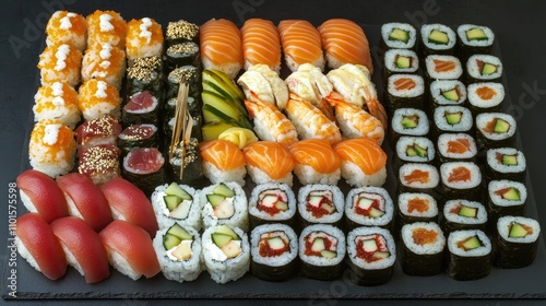 Colorful assortment of sushi rolls displayed on a dark slate background featuring nigiri, maki, and specialty rolls with vibrant toppings.