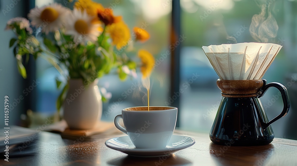 A 4K image of a coffee dripper set up on a table, coffee dripping slowly into a cup, while a flower vase in the background adds a touch of color and life to the scene A 4K image of a coffee dripper set up on a table, coffee dripping slowly into a cup, while a flower vase in the background adds a touch of color and life to the scene