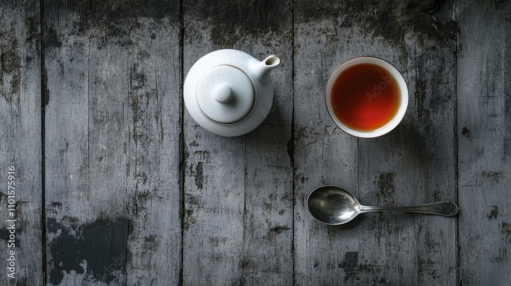 Arrangement of a white teapot, a cup of amber tea, and a silver spoon on a rustic gray wooden table from a top view perspective. Arrangement of a white teapot, a cup of amber tea, and a silver spoon on a rustic gray wooden table from a top view perspective.