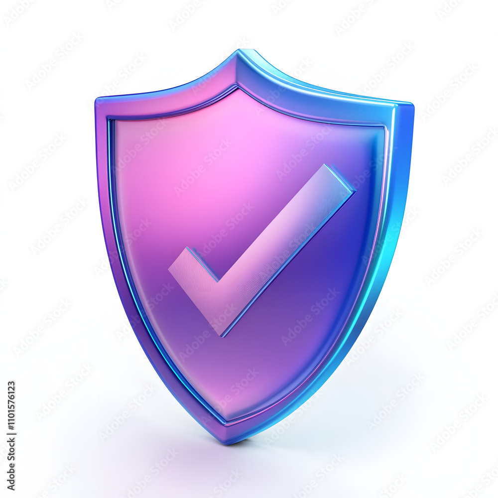 cartoon 3d Icon safety shield check mark perspective . Blue and purple symbol security safety icon. Checkmark in minimalistic style. 3d vector illustration. white background	