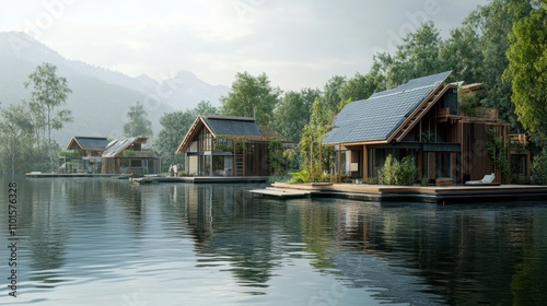 A floating eco-village on a calm lake, with homes made from recycled materials and powered by renewable energy sources