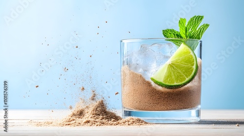 Refreshing mint and lime cooler served in a clear glass with crushed ice on a beach-themed bar with sand accents photo