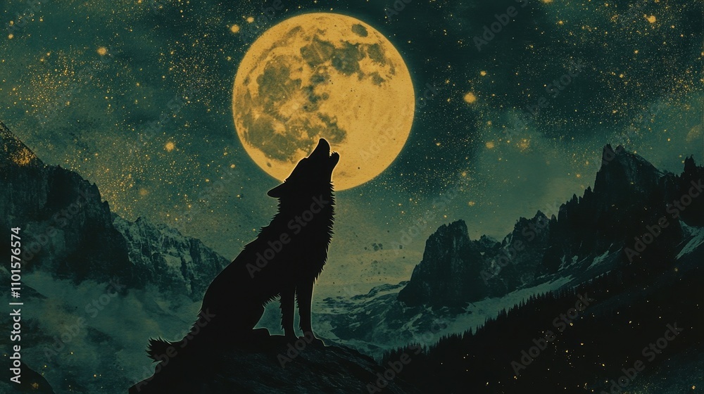 A wolf howls at the moon in a dark, starry sky A wolf howls at the moon in a dark, starry sky