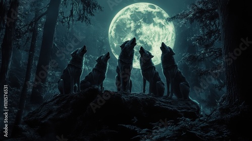 A pack of wolves are standing on a rock in front of a full moon