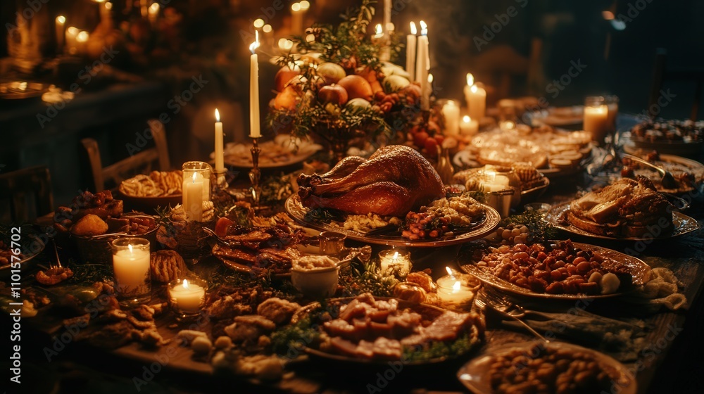 A 4K image of a dinner table full of an impressive selection of foods, from savory mains to sweet desserts, A 4K image of a dinner table full of an impressive selection of foods, from savory mains to sweet desserts,