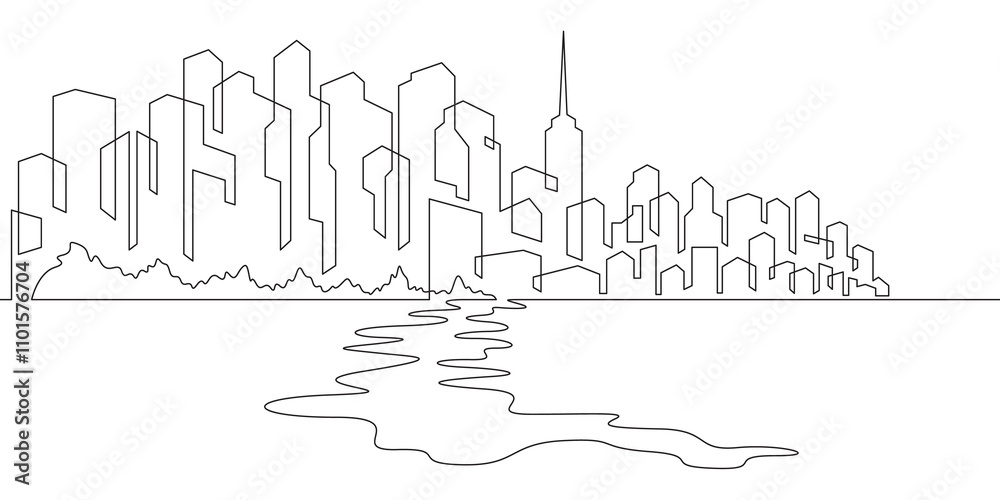 Obraz premium Continuous one line drawing city on the seashore.Beach against the backdrop of skyscrapers.Resort.Vacation .One continuous line isolated minimal illustration.Not AI.