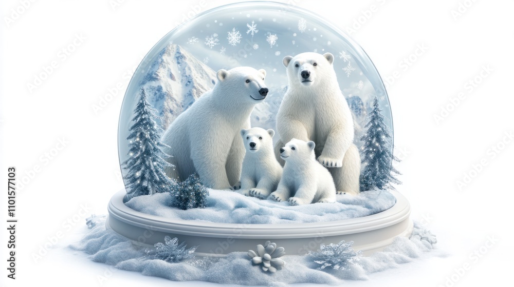 Fototapeta premium Christmas-themed snow globe showcasing a polar bear family in a snowy Arctic scene, on a white background