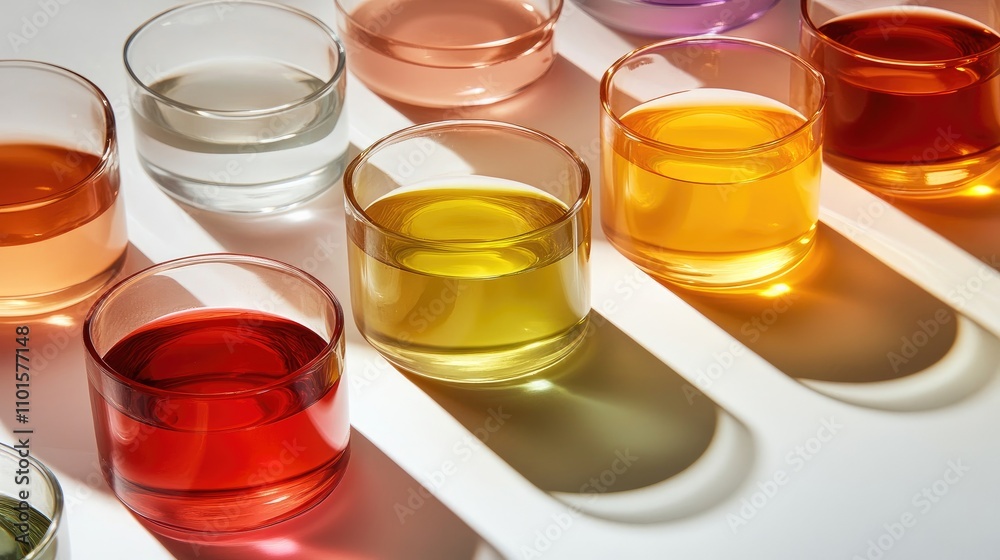 Vibrant array of colored liquids in transparent cuvettes highlighting the beauty of analytical chemistry with soft shadows on a minimalist background.