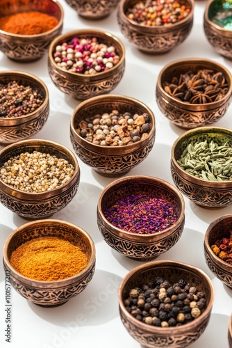 Assorted spices in ornate copper bowls.