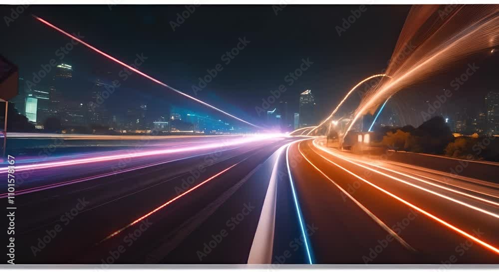 Light trails are speeding across a highway at night with glowing dots on the side creating a futuristic feel of fast internet connection 4K