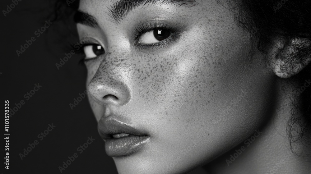 A high-contrast black-and-white close-up of a mixed-heritage Asian woman a s face, focusing on the texture of her skin and the depth of her expression, giving a timeless and artistic feel A high-contrast black-and-white close-up of a mixed-heritage Asian woman a s face, focusing on the texture of her skin and the depth of her expression, giving a timeless and artistic feel