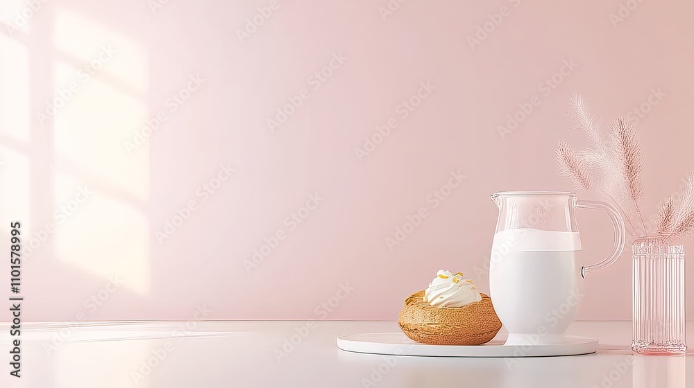 Fresh Bakery Treat with Milk on a Light Pink Background Fresh Bakery Treat with Milk on a Light Pink Background