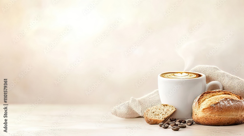 Cozy Bakery Scene with Coffee, Bread, and Pastries on a Table Cozy Bakery Scene with Coffee, Bread, and Pastries on a Table