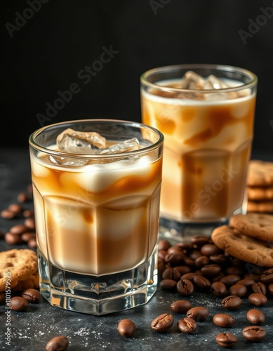 Delicious iced coffee served in clear glasses with cookies and coffee beans on a dark surface