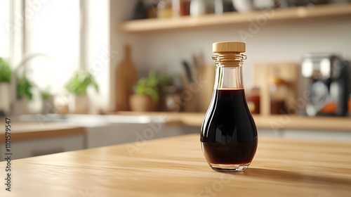 Soy Sauce Bottle on Light Wooden Kitchen Counter