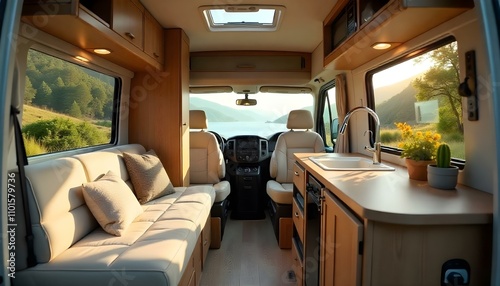 A modern and cozy interior of a camper van or RV, with comfortable seating, storage spaces, and large windows viewing a lake