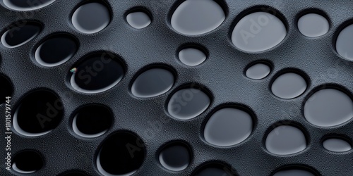 A close-up of a textured surface featuring various sizes of black droplets, creating a visually striking pattern.