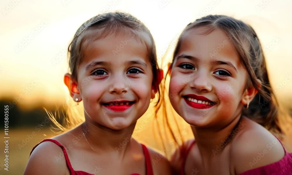 smiling young girls in matching red dresses pose joyfully outdoors during golden hour, their glowing faces and vibrant expressions capturing the warmth of childhood and sisterly love smiling young girls in matching red dresses pose joyfully outdoors during golden hour, their glowing faces and vibrant expressions capturing the warmth of childhood and sisterly love
