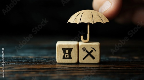 Wooden blocks with insurance symbols under a protective umbrella held by a hand, representing comprehensive coverage