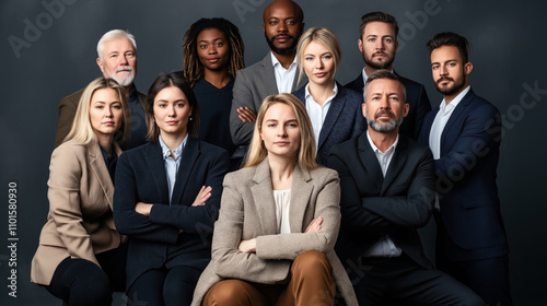 Diverse group of professionally dressed individuals posing confidently against a dark background, representing teamwork and leadership in a business environment.