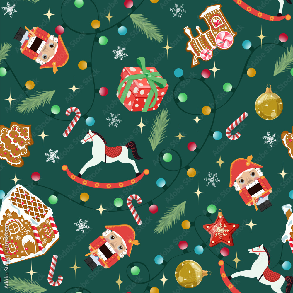 Christmas seamless pattern with Nutcrackers ,gingerbread, gifts, New Year's toys on a dark background. For kids apparel, home design, wrapping paper