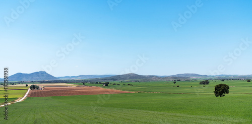 The vast plains of La Mancha in Spain stretch endlessly under a clear blue sky. Fields of green and brown patchwork the landscape, with a distinct hill.