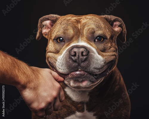 American Bully - Studio Portrait of Smiling Brown Bulldog Shaking Hands