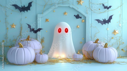 A cozy Halloween setup featuring light lavender pumpkins with golden vines, placed around a glowing ghost with piercing red eyes in the center of the room.  photo