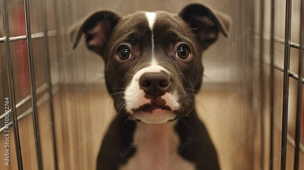 Adorable puppy looking through a metal cage, showcasing soulful eyes and a longing expression for love and a forever home. Adorable puppy looking through a metal cage, showcasing soulful eyes and a longing expression for love and a forever home.