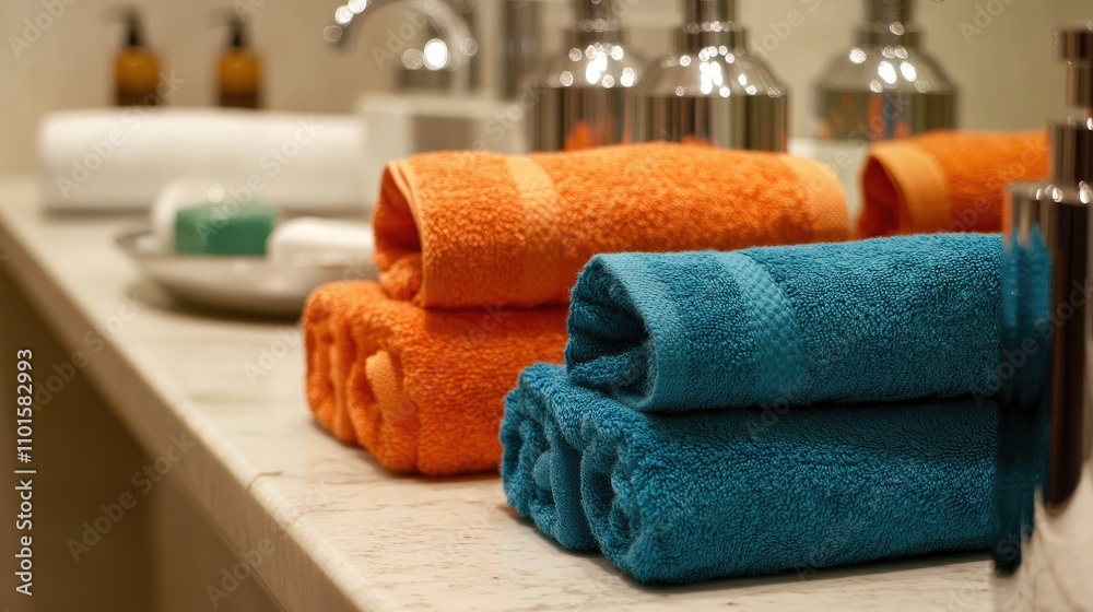 Neatly arranged vibrant orange and teal towels in a modern bathroom with elegant fixtures and decorative bottles in the background Neatly arranged vibrant orange and teal towels in a modern bathroom with elegant fixtures and decorative bottles in the background