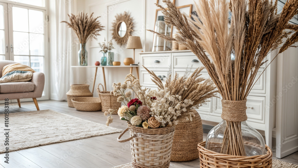 Fototapeta premium flowers, dried flowers, in vases, decoration, home, country style, decor