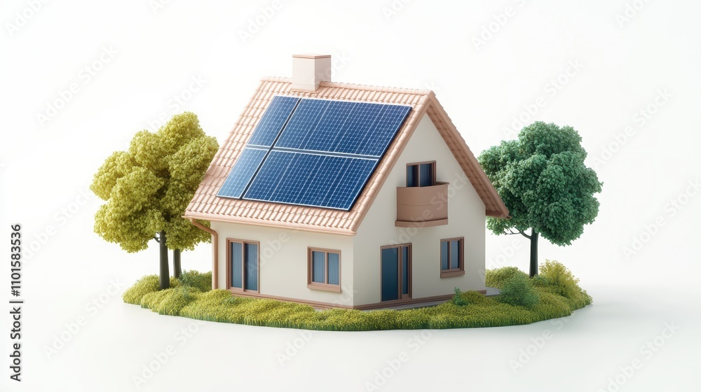 Model house with solar panels and greenery, symbolizing sustainable energy and eco-friendly living for urban environments. Model house with solar panels and greenery, symbolizing sustainable energy and eco-friendly living for urban environments.