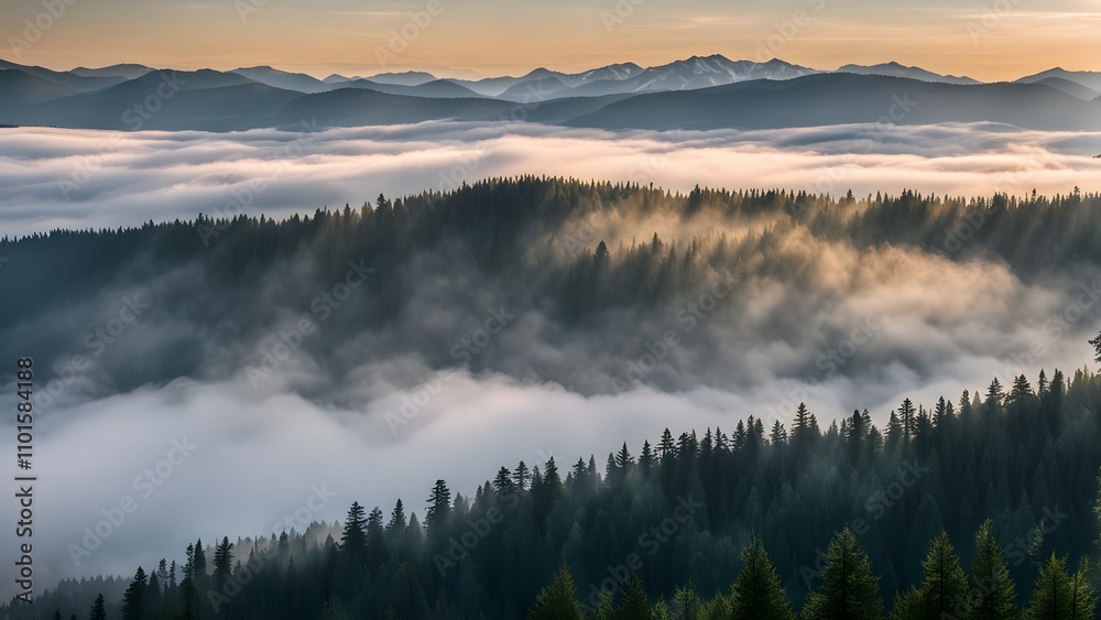 Fototapeta premium Sunrise over the carpathian mountains in romania with fog rolling through pine forests, Ai Generated