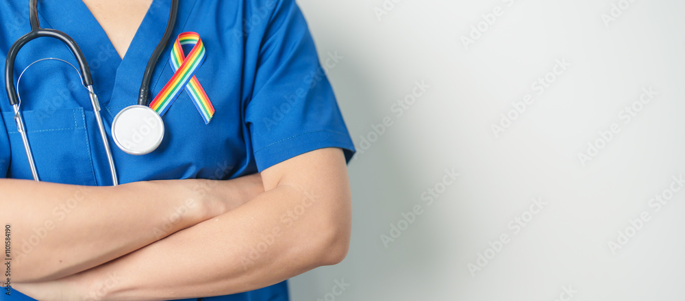 Doctor with LGBTQ Rainbow ribbon for Support Lesbian, Gay, Bisexual, Transgender and Queer community and happy Pride month concept Doctor with LGBTQ Rainbow ribbon for Support Lesbian, Gay, Bisexual, Transgender and Queer community and happy Pride month concept