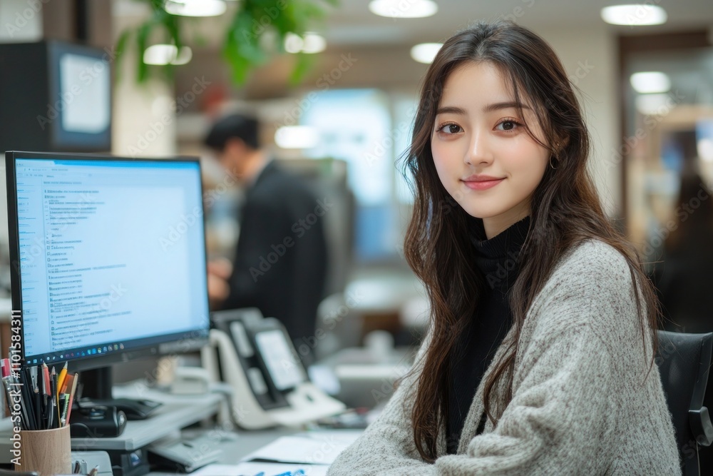 Young female programmer sitting at an office desk in a modern office setting.