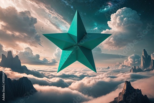 Three Dimensional Cosmic Fantasy Landscape with Floating Clouds and Teal Star Break