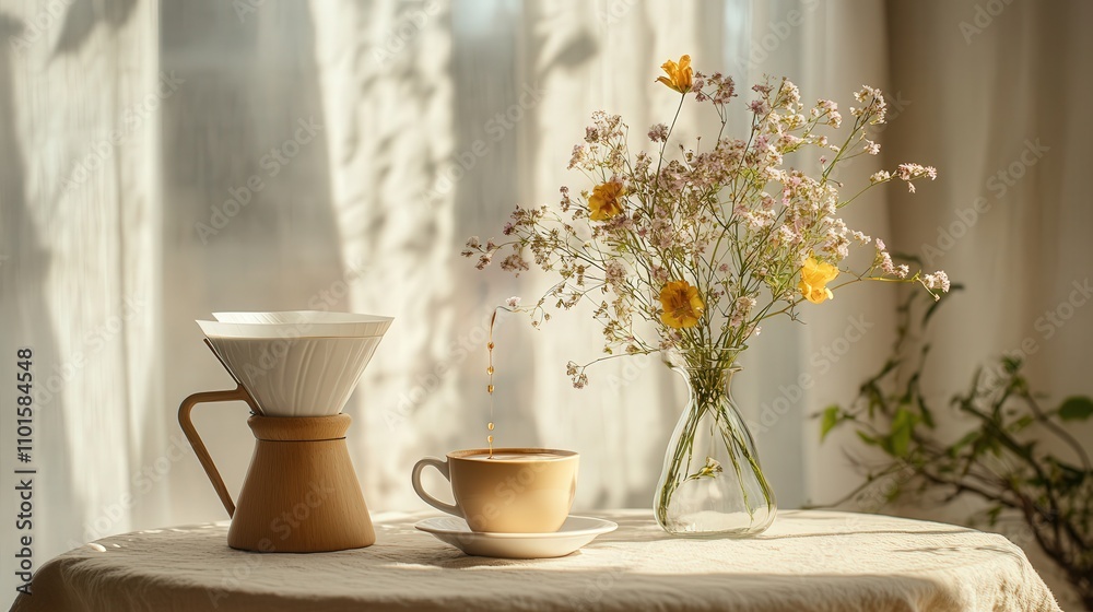 coffee dripper set up on a table, coffee slowly dripping into a cup, while a fresh flower vase adds a touch of nature to the calming scene coffee dripper set up on a table, coffee slowly dripping into a cup, while a fresh flower vase adds a touch of nature to the calming scene
