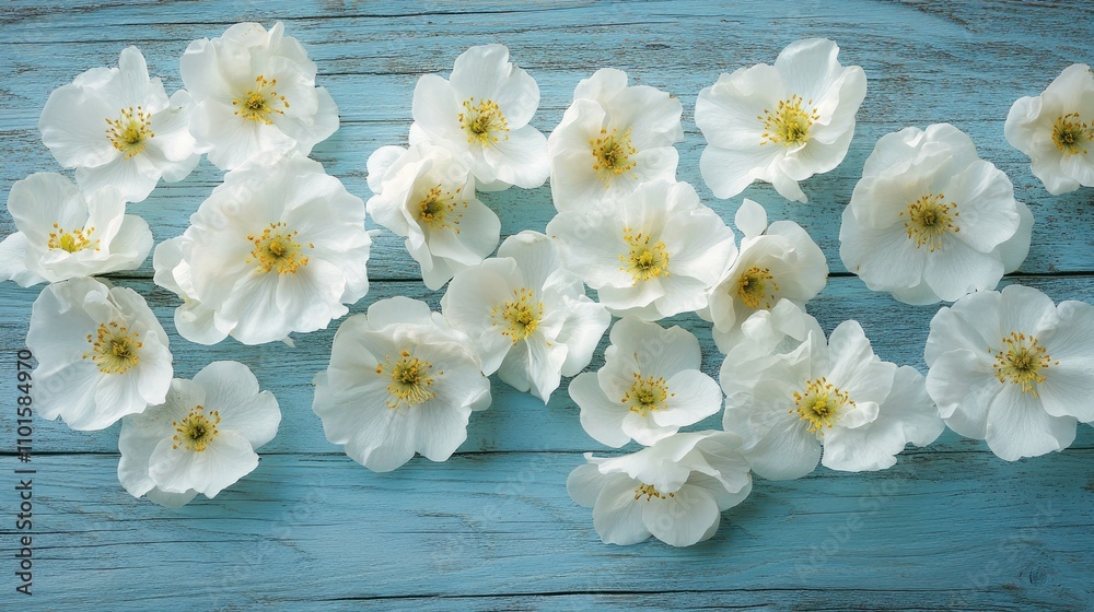 Obraz premium White Flowers with Yellow Centers Spread Across a Textured Blue Wooden Surface