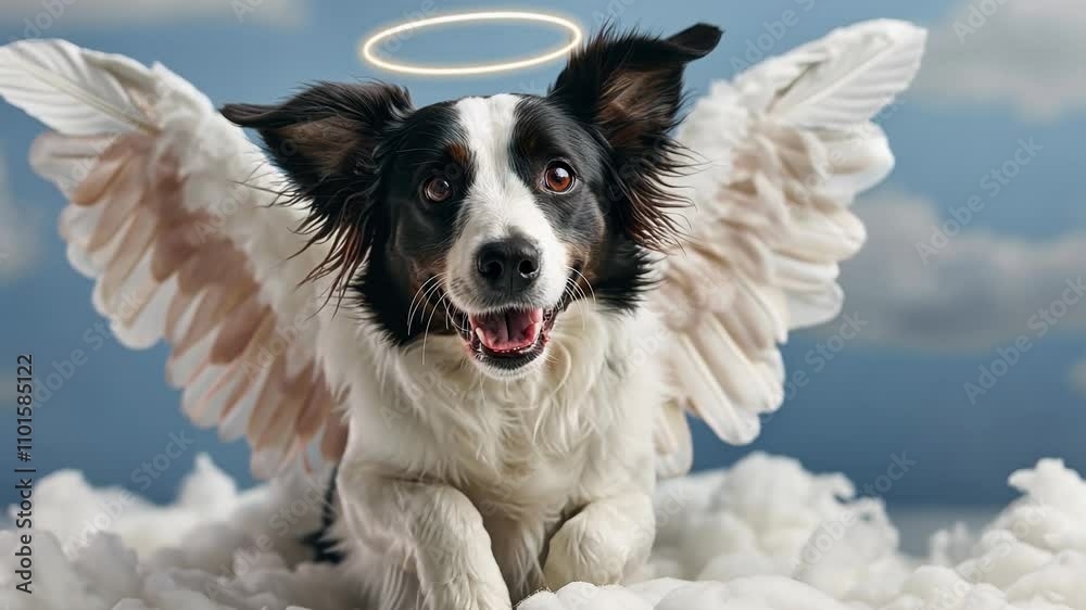 A joyful dog with angel wings and a halo, surrounded by fluffy clouds A joyful dog with angel wings and a halo, surrounded by fluffy clouds