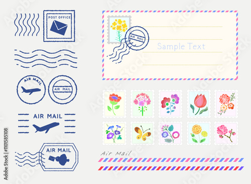 花柄の切手と消印のベクターイラストセット