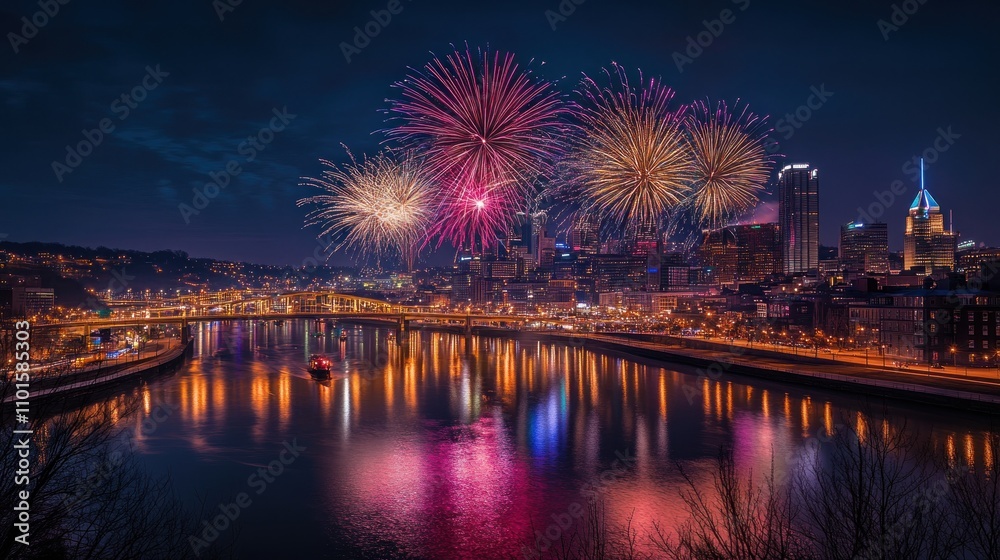Vibrant fireworks display over a cityscape at night, reflected in a calm river. Vibrant fireworks display over a cityscape at night, reflected in a calm river.