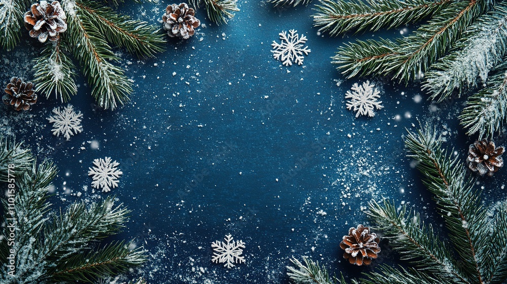 Festive Christmas Background with Snowflakes and Pine Cones Festive Christmas Background with Snowflakes and Pine Cones