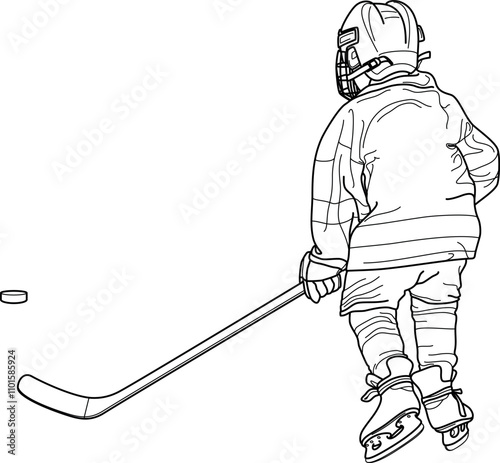HOCKEY Kid, Child, Minor (Youth) Hockey Mite PLAYER back, skater figure from behind, line drawing illustration, outline, clear, transparent