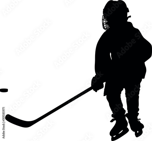 HOCKEY Kid, Child, Minor (Youth) Hockey Mite PLAYER back, skater figure from behind, shape, black silhouette, line drawing illustration