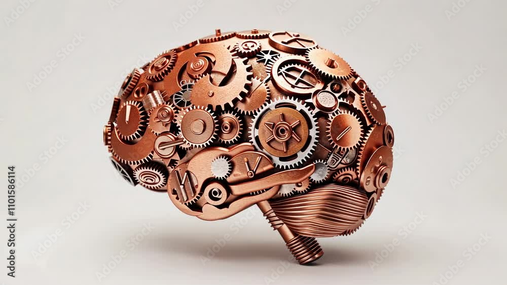 A creative representation of a brain composed of gears and mechanisms, innovation and intelligence.