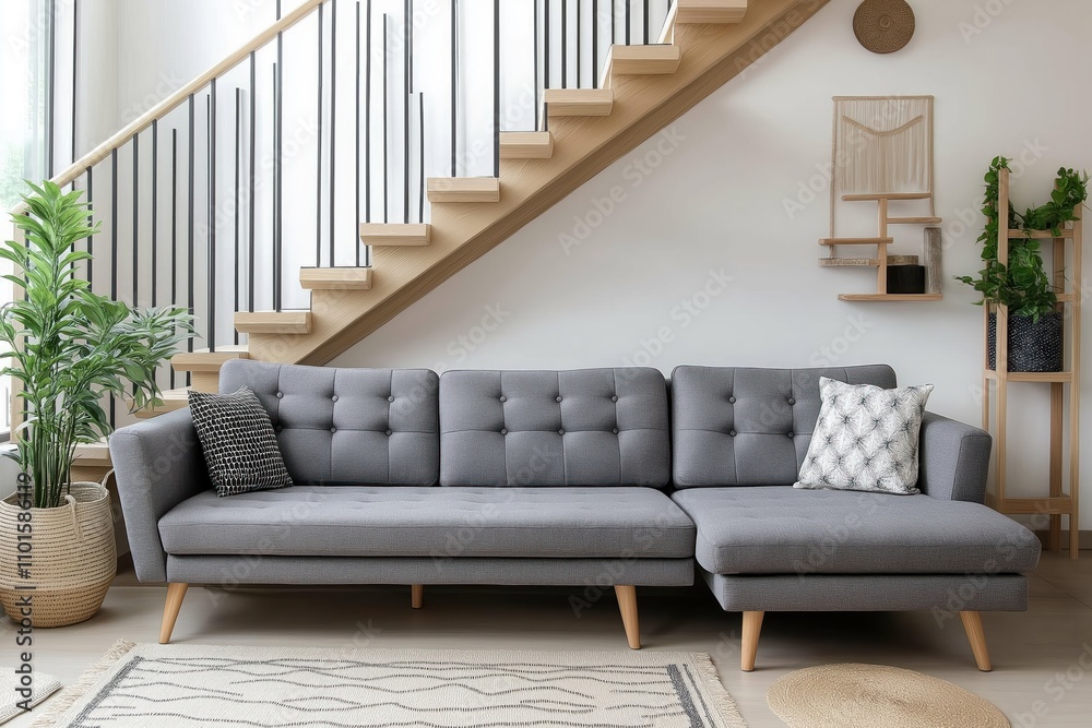 Modern living room interior design with grey sectional sofa, wooden ...