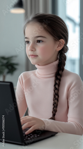 12 years old brunette girl with a braid using laptop doing work home from home photo