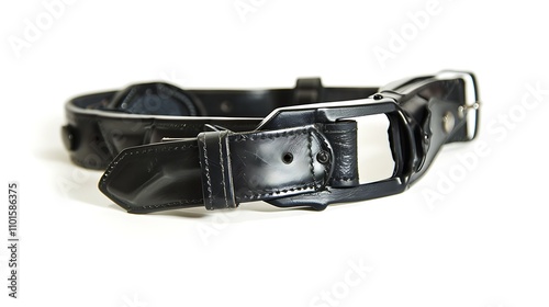 A police officera??s duty belt with an empty holster on a white background. photo