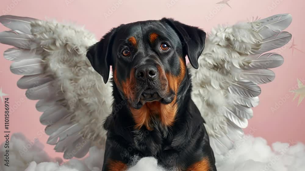 A majestic Rottweiler with angelic wings, surrounded by fluffy clouds and a soft pink background